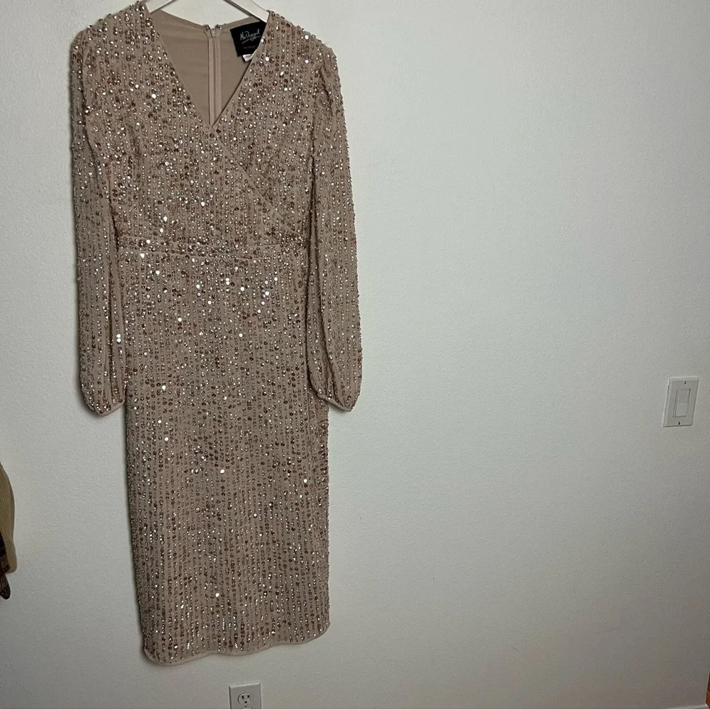 Mac Duggal Nude Sequin Long Sleeve Cocktail Midi Dress Size 4 Small - Picture 4 of 7